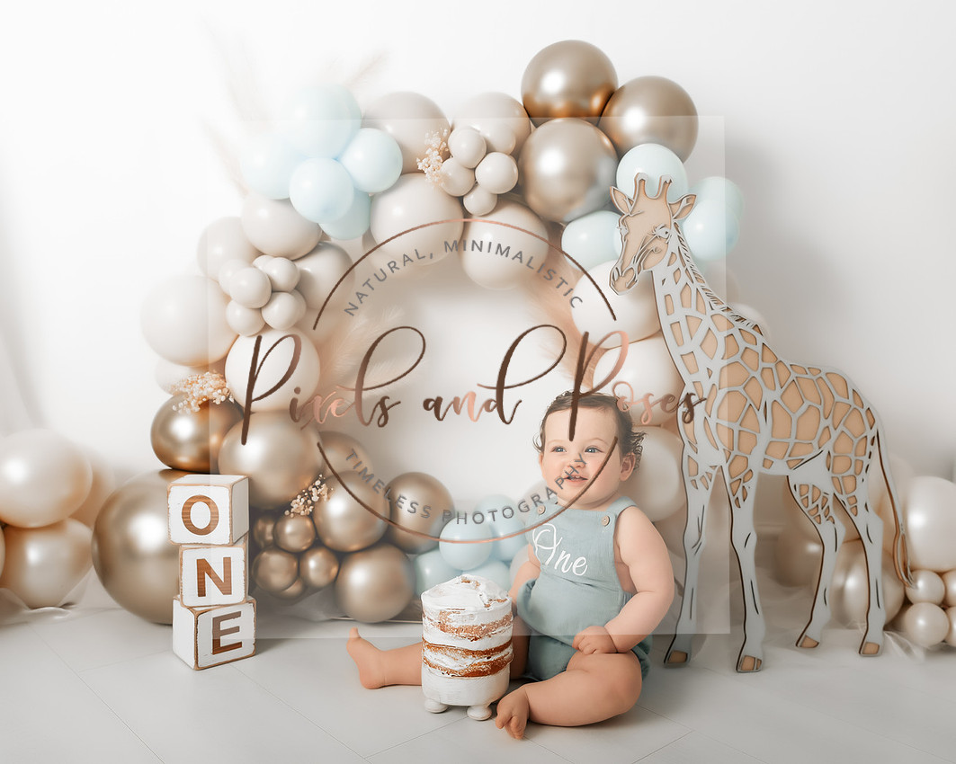 Light Blue and Netural Wild One cake smash first birthday photoshoot in Derbyshire studio