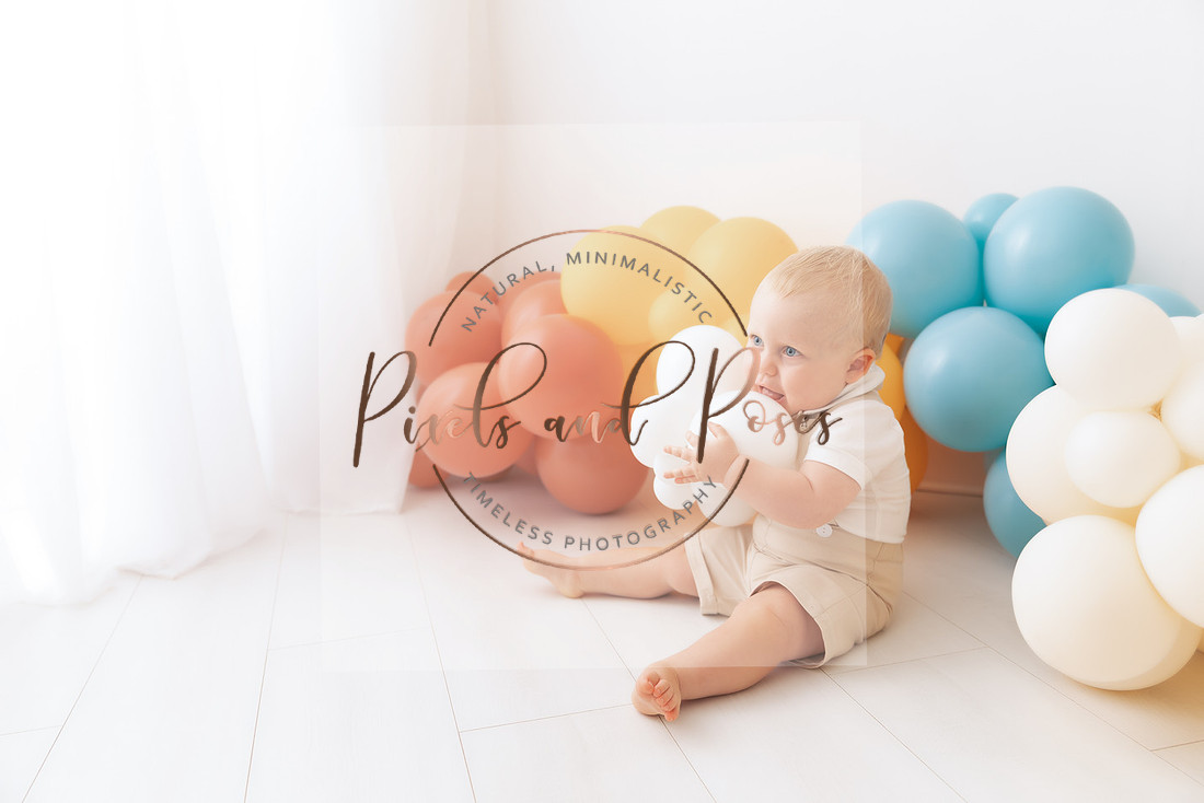 Blue orange and yellow balloon One Happy Boy cake smash photography for first birthday boy