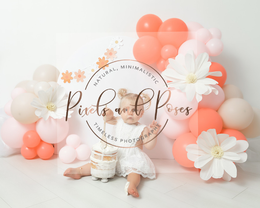 Paper Daisy and pink cake smash first birthday photoshoot in Derbyshire studio