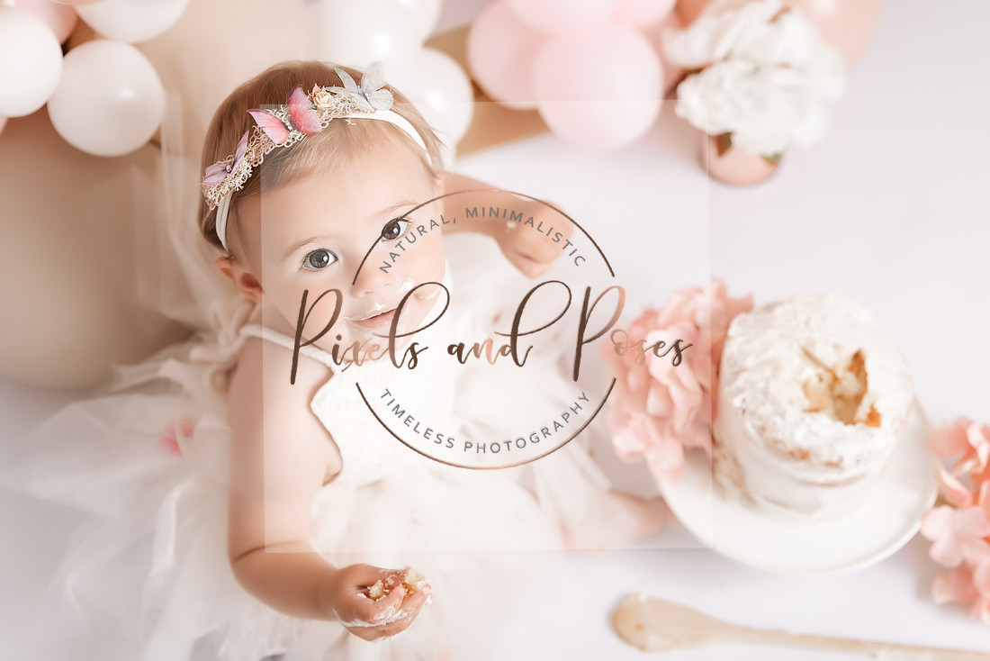 Cameo coloured balloon hoop cake smash photography in Derbyshire studio