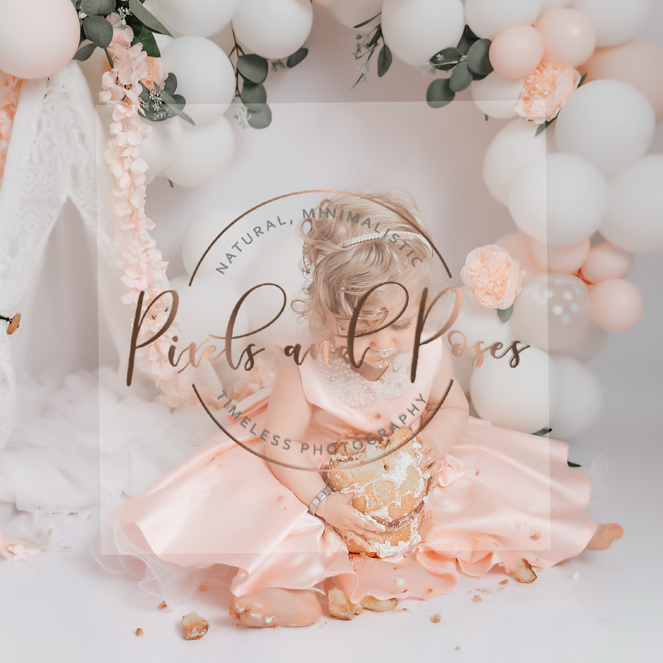 Pastel Pink Peonies cake smash first birthday photoshoot in Derbyshire studio